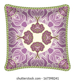 Interior design element: Decorative pillow, patterned pillowcase (traditional oriental pattern). Isolated on white. Vector illustration.