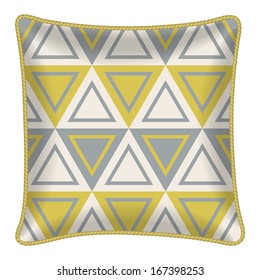 Interior design element: Decorative pillow, patterned pillowcase (mustard grey triangles pattern). Isolated on white. Vector illustration.