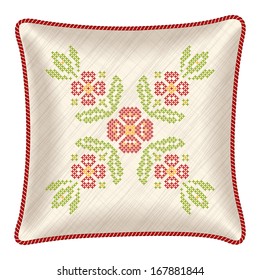 Interior design element: Decorative pillow (cross stitch flowers in ukrainian traditional style). Isolated on white. Vector illustration.
