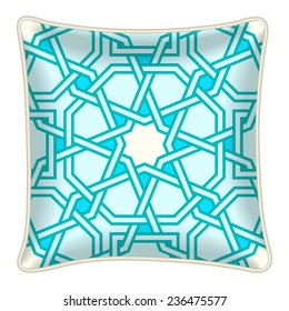 Interior design element - Decorative throw pillow with patterned pillowcase - abstract geometric pattern. Isolated on white. Vector illustration.