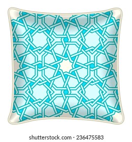 Interior design element - Decorative throw pillow with patterned pillowcase - abstract geometric pattern. Isolated on white. Vector illustration.