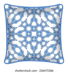 Interior design element - Decorative throw pillow with patterned pillowcase - abstract geometric pattern. Isolated on white. Vector illustration.