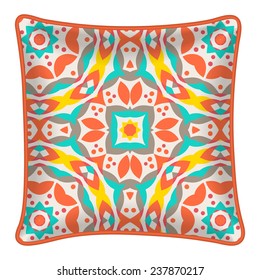 Interior design element - Decorative throw pillow with patterned pillowcase - abstract geometric pattern. Isolated on white. Vector illustration.