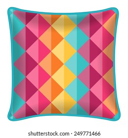 Interior design element - Decorative throw pillow with patterned pillowcase - abstract geometric pattern. Isolated on white. Vector illustration.