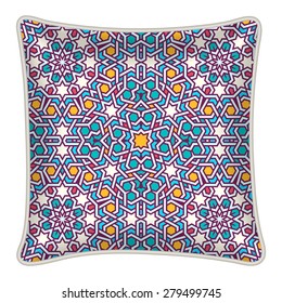 Interior design element - Decorative throw pillow with patterned pillowcase - arabic tangled pattern. Isolated on white. Vector illustration.