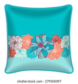 Interior design element - Decorative throw pillow with patterned pillowcase - floral border, hand drawn dahlias in turquoise, polka dot background. Isolated on white. Vector illustration.