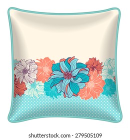 Interior design element - Decorative throw pillow with patterned pillowcase - floral border, hand drawn dahlias in turquoise, polka dot background. Isolated on white. Vector illustration.