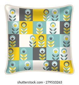 Interior design element - Decorative throw pillow with patterned pillowcase - retro flowers background. Isolated on white. Vector illustration.