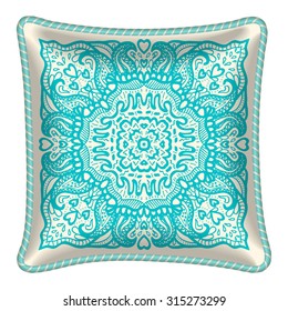 Interior design element: Decorative throw pillow, patterned pillowcase - hand-drawn mandala pattern. Isolated on white. Vector illustration.