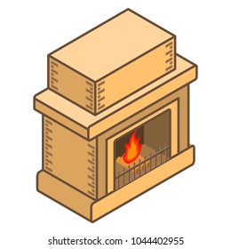 Interior design element. A stone isometric fireplace for  heating system of the house. The burning fire and firewood.3d line art flat vector. Warm household.