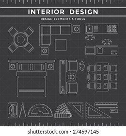 Interior Design Elements & Equipment Tools Set On Dark Background Gray Icon Line