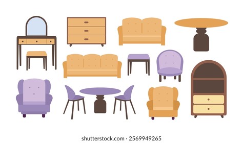 Interior design elements, furniture vector set, flat illustration design elements, apartment interior decor items, table chair cupboard