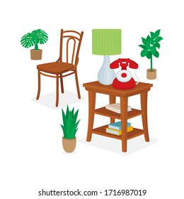 Interior design elements. Side table, retro chair, vintage phone, lamp, books and decorative plant. Part of set.
