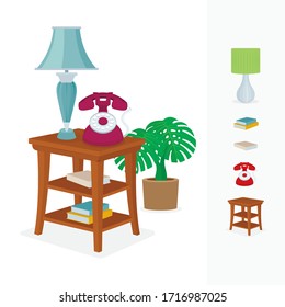 Interior design elements. Side table, vintage phone, lamp, books and decorative plant. Part of set.