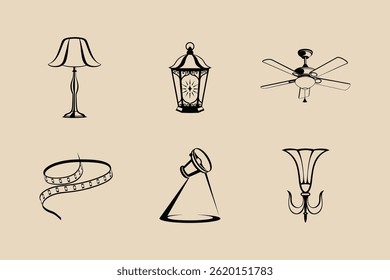 Interior design elements vector illustration of lamp lighting fan and decor