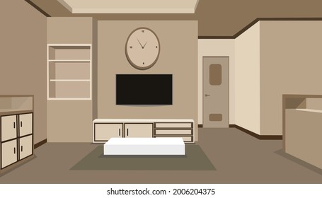 The interior design of the family room is equipped with a TV, wardrobe, wall clock, and with an elegant color combination. Illustrations vector design