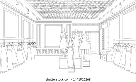 Interior design fashion boutique line art background Vector illustration. Detailed elegant decoration