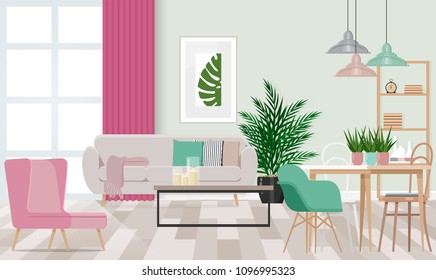 Interior design of a fashionable room in beige-gray tones with pastel elements of interior and decoration. Vector flat illustration.