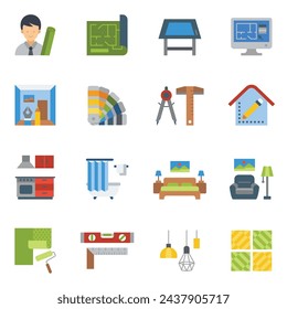 Interior design flat color icon set with white background.