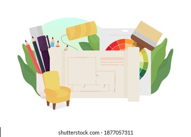 Interior design flat concept vector illustration. Architecture plan, floor professional sketch. Room decorating. Home renovation 2D cartoon scene for web design. House improvement creative idea