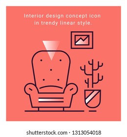 Interior design flat icon on coral background illustration. Concept 	construction indoor symbol. Building apartment linear vector banner. Architecture sign. Furniture collection.