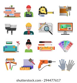 Interior design flat icons with designer and architecture tools isolated vector illustration