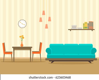 Interior design in flat style of living room with furniture, sofa, , table, bookshelf, flower, lamp and clock. Vector illustration.