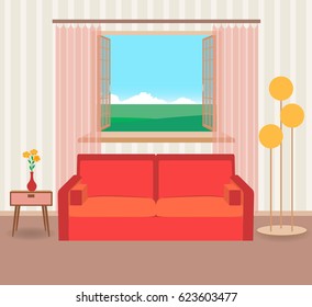 Interior design in flat style of living room with furniture, sofa, flower, lamp and window. Vector illustration.