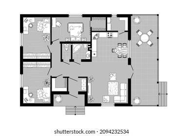 Interior design floor plan top view. Architectural plan of a house from above. Black and white vector layout. Apartment with the furniture in the drawing view. Graphic design elements