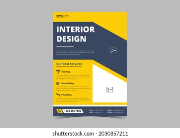 Plantilla de folleto de diseño interior. Diseño de un folleto sobre los inmuebles de interior. Plantilla de diseño de volante de servicios de construcción inmobiliaria