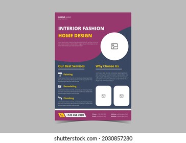 Interior design flyer template. Interior real estate poster leaflet design. Real estate construction service flyer design template