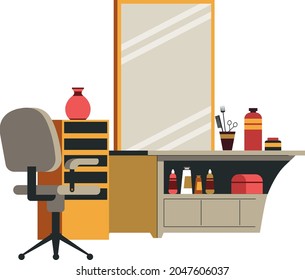 Interior design and furniture for barbershop, isolated workplace of table with drawers, mirror and appliances for work. Cutting hair and trimming beard, modern space for hairdo. Vector in flat style