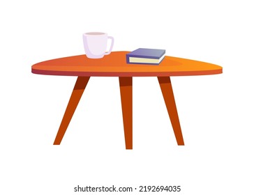 Interior design furniture and decor, isolated wooden coffee table with cup of coffee or hot tea. Book on desk, living room or bedroom styling. Vector in flat style