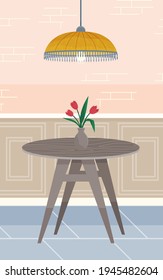 Interior design furniture and pendant light lamp. Wooden coffee table with tulips in glass vase