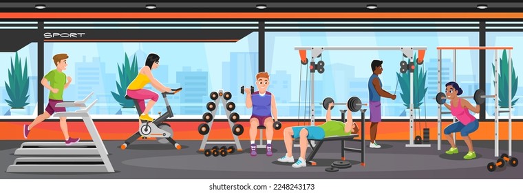 An interior design of a gym with fitness equipment and people exercise. Fit man and woman doing cardio, running on a treadmill, cycling. Fit athletes with dumbbells. Cartoon style vector illustration.