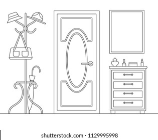 Interior design of the hallway in linear style. Vector outline anteroom. Scan of entrance area.