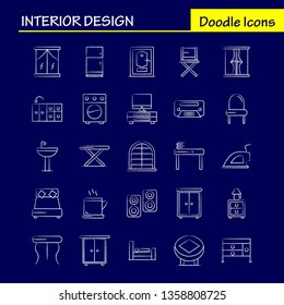 Interior Design Hand Drawn Icons Set For Infographics, Mobile UX/UI Kit And Print Design. Include: Furniture, Household, Washbasin, Door, Lock, Room, Furniture, Cooking, Icon Set - Vector