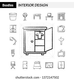 Interior Design  Hand Drawn Icons Set For Infographics, Mobile UX/UI Kit And Print Design. Include: Iron, Electronics, Home Appliances, Electronics Items, Bath Tub, Eps 10 - Vector