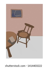Interior design hand drawn - A room with a round table books lying on his chair, abstract poster on the wall. 