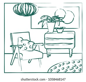 interior design hand drawn sketch. furniture drawing. vector illustration 
