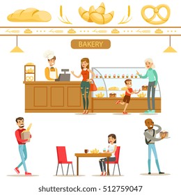 Interior Design And Happy Clients Of A Bakery Set Of Illustrations