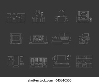 Interior design in high tech style. Home design vector illustration set. Modern minimalist house designs. Kitchen, living room, bedroom, bathroom, workspace, hallway, wardrobe. 