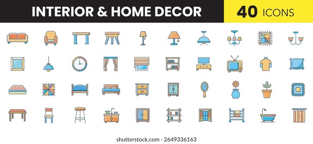 Interior Design and Home Decor Color Icons – Stylish Flat Vector Icons of Furniture, Decoration, and Modern Living Spaces