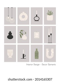 Interior design home decor elements. Elegant minimal interior decor stuff: plant pot, flower vase, design candle holder, pendant ceiling lamps. Home interior poster colorful flat vector illustration.