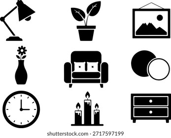 Conjunto de iconos de diseño de interiores y decoración para el hogar con lámpara de muebles Reloj de planta Sillón Vela y símbolos de gabinete
