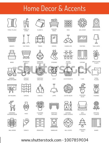 Interior design. Home decor items. Wall artwork, clocks, window treatments, plants, lamps, holders. Vector line icon collection. 