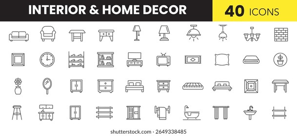 Interior Design and Home Decor Line Icons – Minimal Outline Vector Icons of Furniture, Room Styling, and Decorative Elements