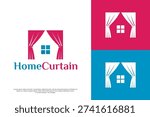 Interior design and home decor logo featuring a house window with pink curtains, perfect for home furnishing and textile businesses.