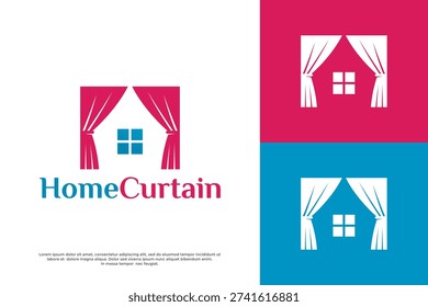 Interior design and home decor logo featuring a house window with pink curtains, perfect for home furnishing and textile businesses.