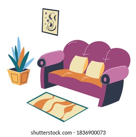 Interior design of home, living room or lounge with sofa, carpet and modern decorative flower. Fashionable loft or urban space, contemporary styling of apartment or dwelling, vector in flat style